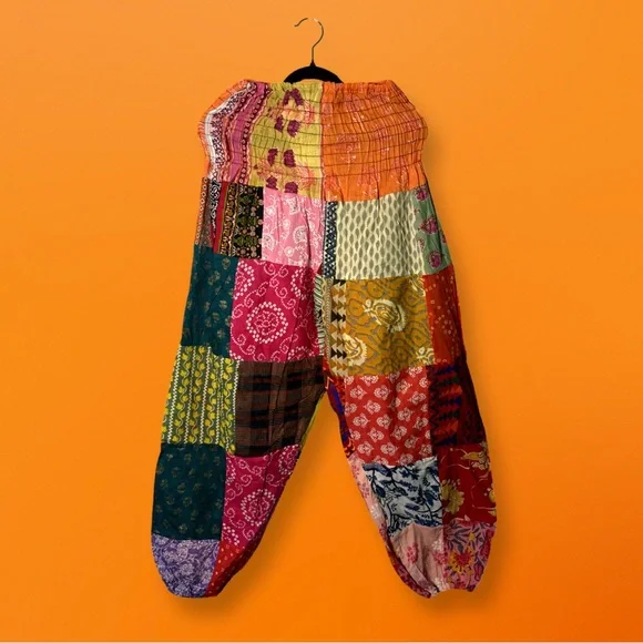 Patchwork Orange Harem Pants • Lightweight Boho • One Size - Picture 2 of 2